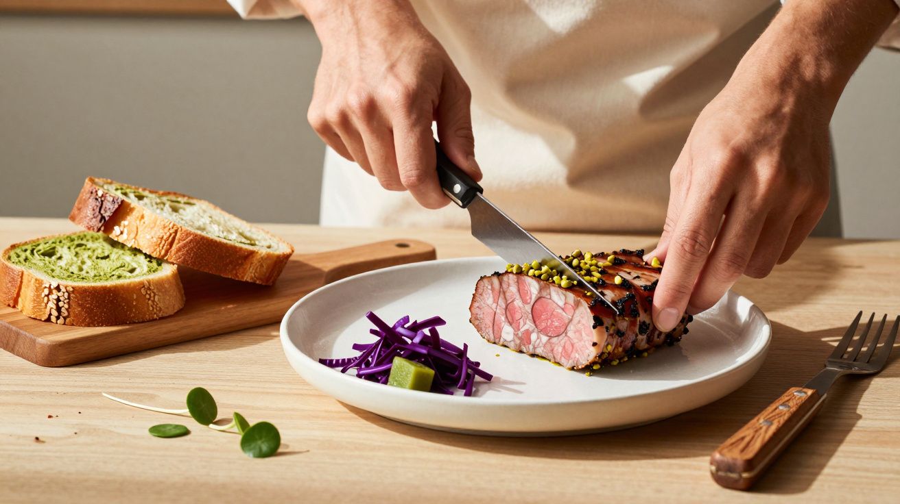 Pessoa a cortar carne decorada com ervilhas em prato, junto a legumes roxos e fatias de pão sobre tábua de madeira.