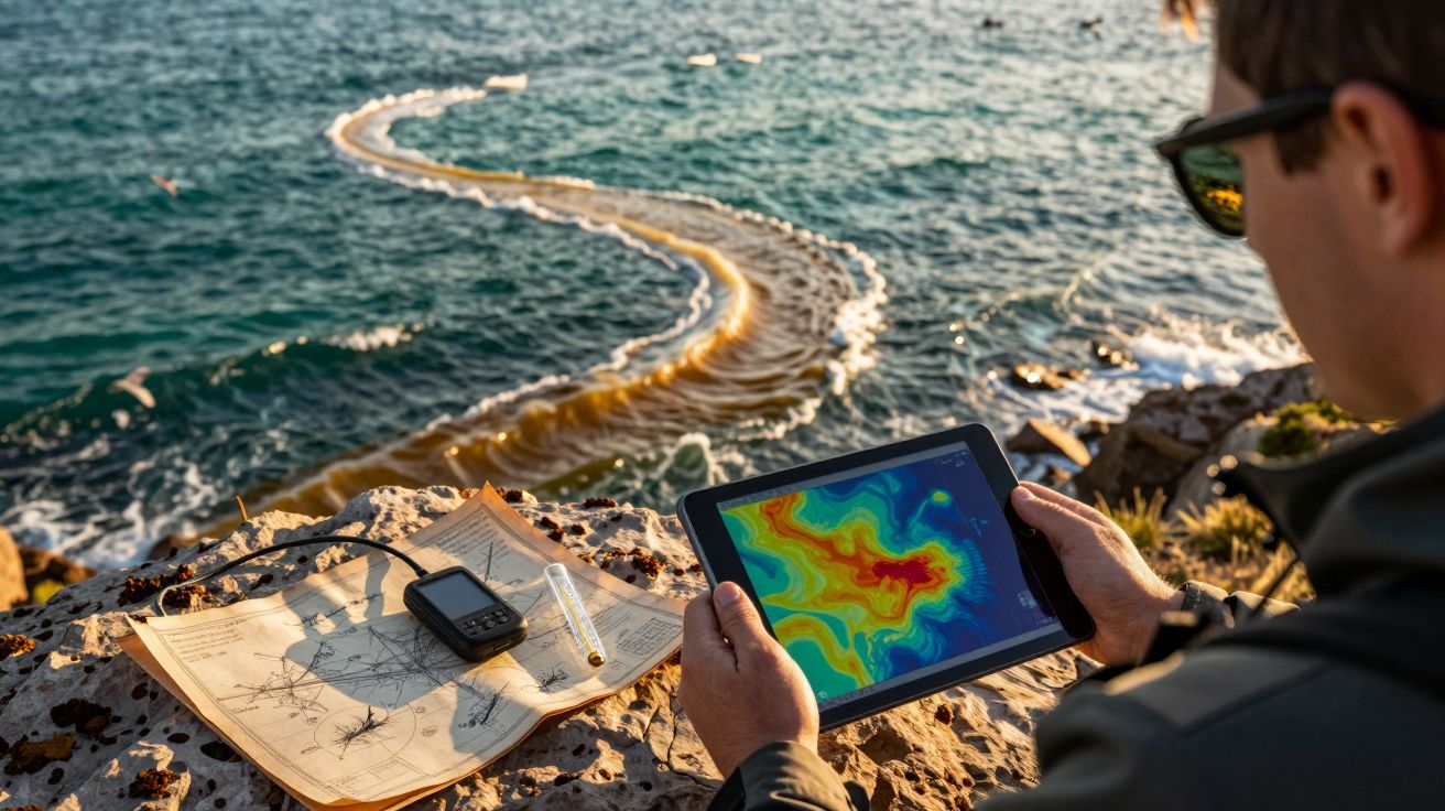 Pessoa analisa mapa e tablet com dados ao lado de oceano, com curva de água distinta visível ao fundo.