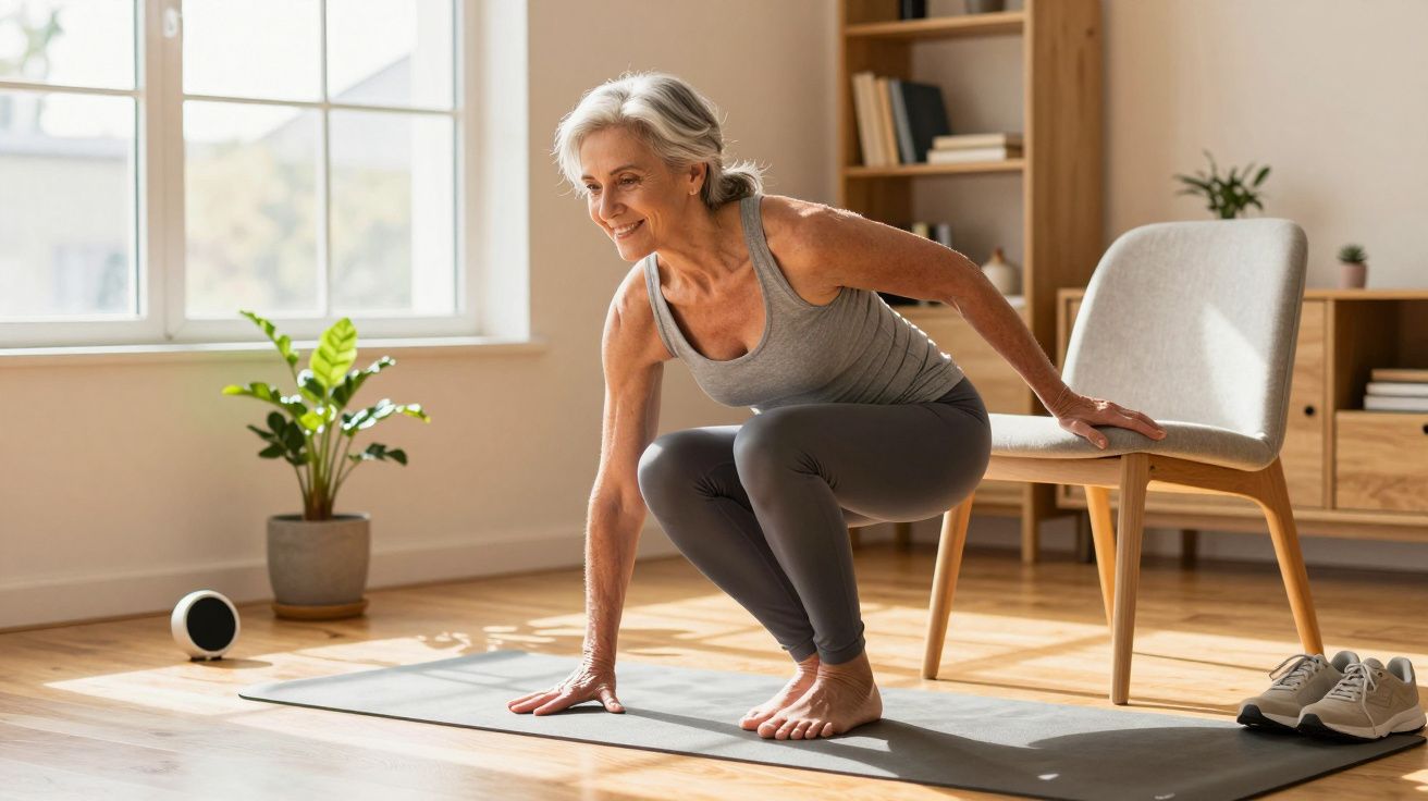 Mulher sênior faz exercícios em casa, agachando-se numa esteira ao lado de uma cadeira, em ambiente iluminado.