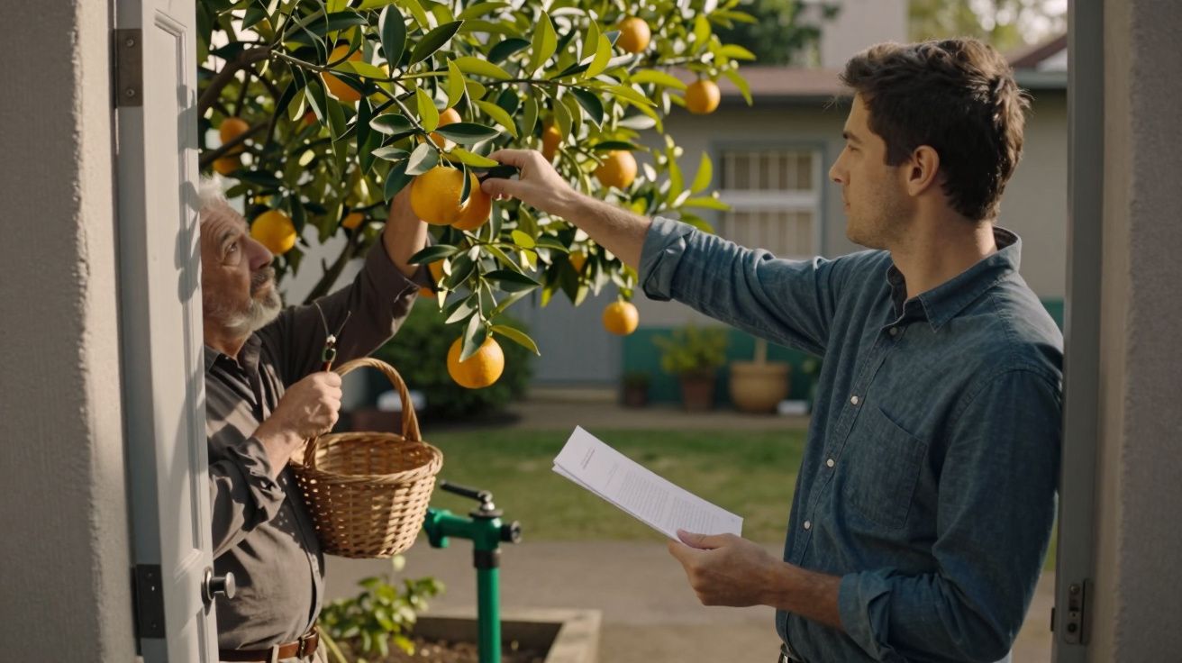 Duas pessoas apanhando laranjas de uma árvore à porta de casa, uma segura um cesto e a outra um papel.