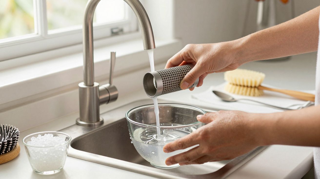 Mãos de pessoa a encher uma taça de vidro com água da torneira na cozinha, com utensílios de limpeza ao lado.