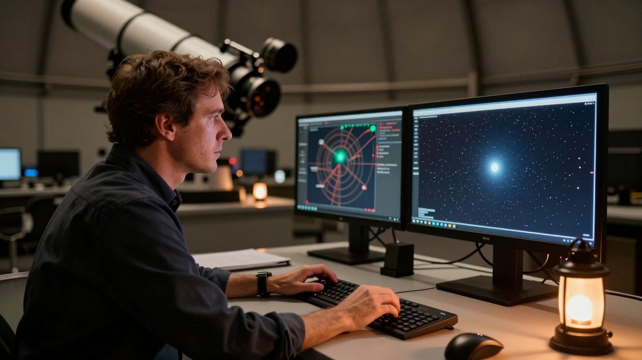 Astrónomo analisa dados estelares em dois monitores num observatório, com telescópio ao fundo.
