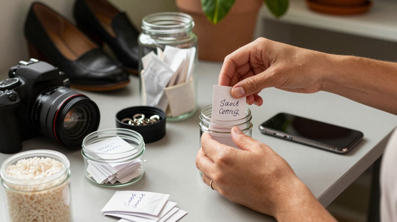Pessoa organiza frascos com notas em secretária, ao lado de câmara, sapatos e um telemóvel.
