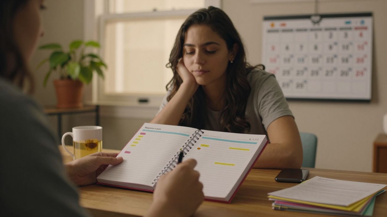 Mulher olha para agenda aberta numa mesa, enquanto outra pessoa aponta para notas coloridas. Calendário na parede.