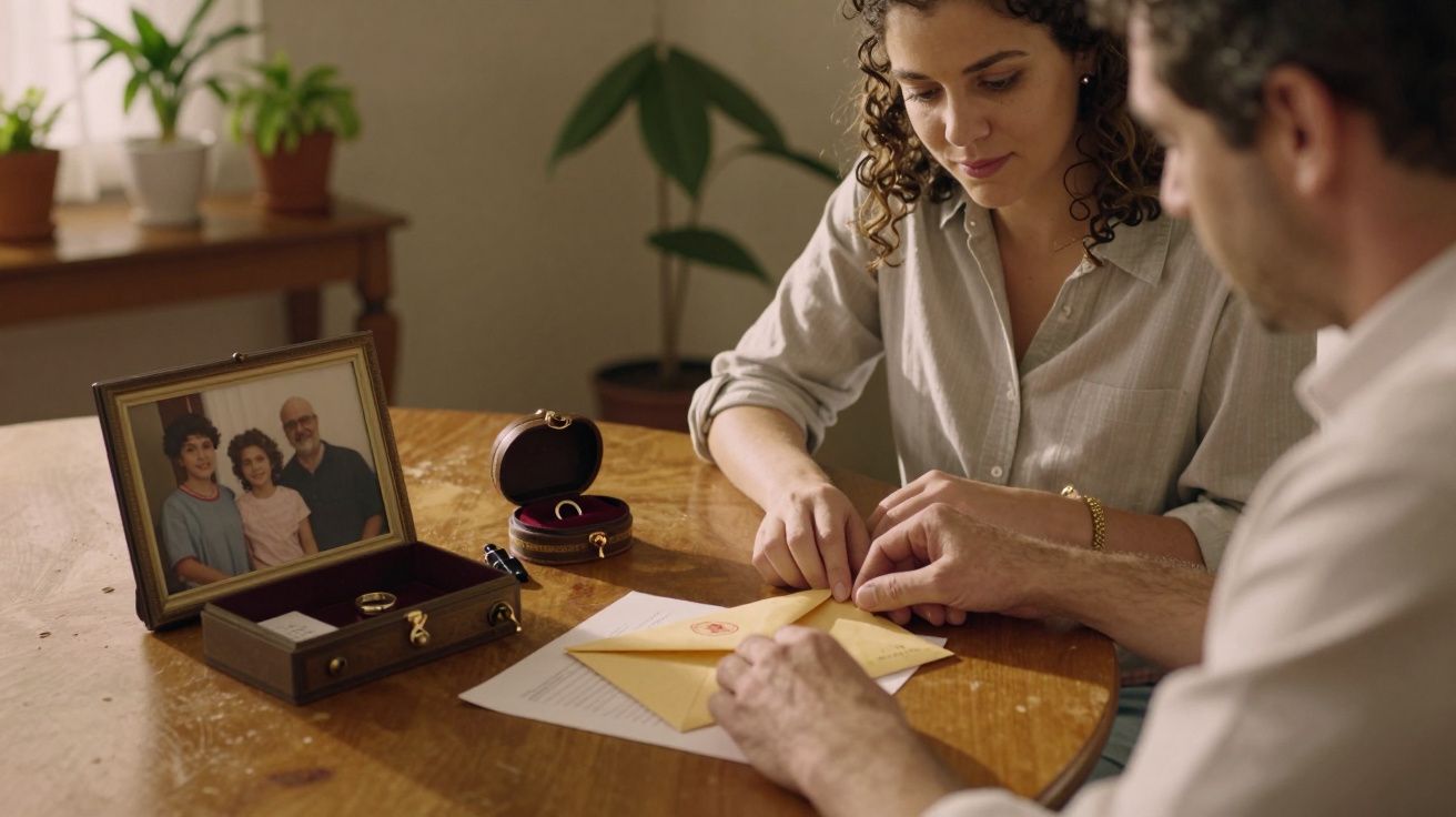 Casal sentado à mesa com fotografias e caixas de anéis de casamento, preparando-se para enviar uma carta.