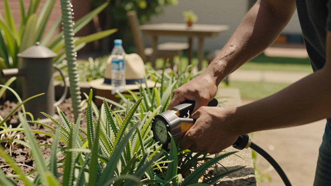 Pessoa a regar plantas verdes num jardim com uma mangueira, chapéu e garrafa de água ao fundo.