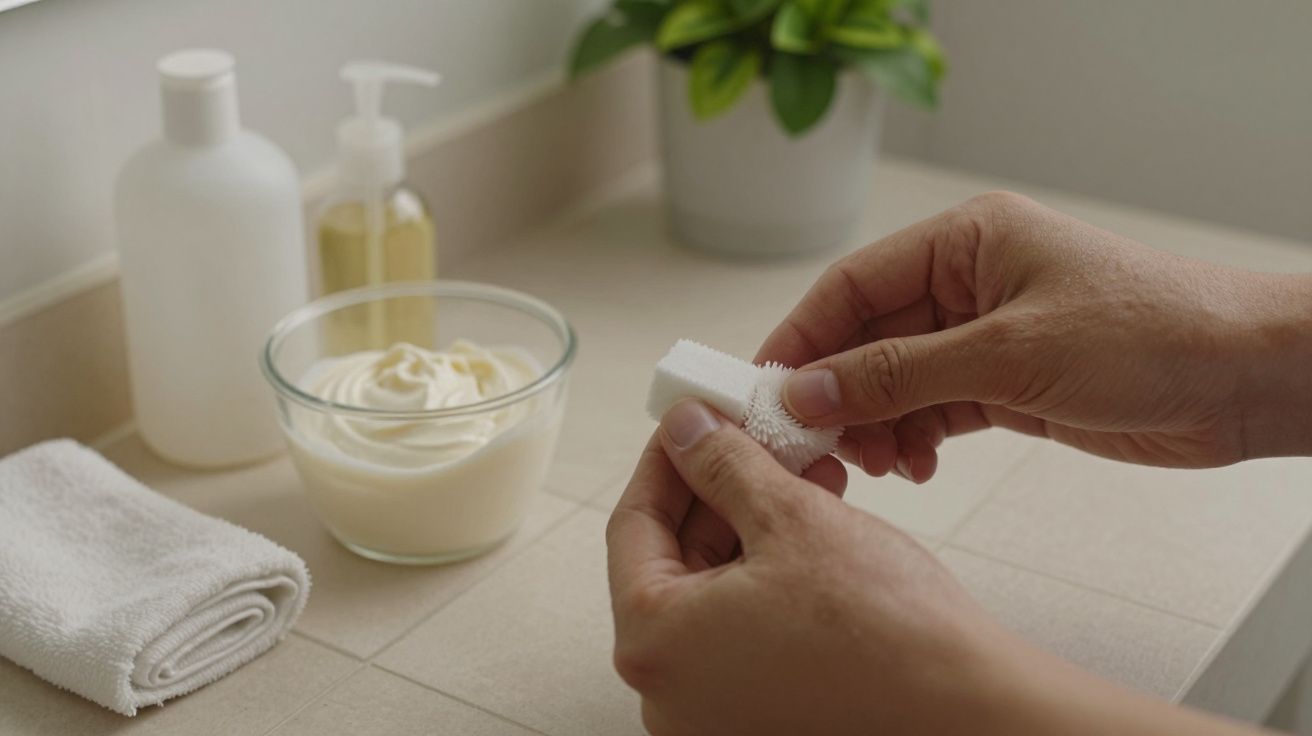 Mãos segurando esponja na casa de banho, com toalha, creme e plantas ao fundo sobre bancada.