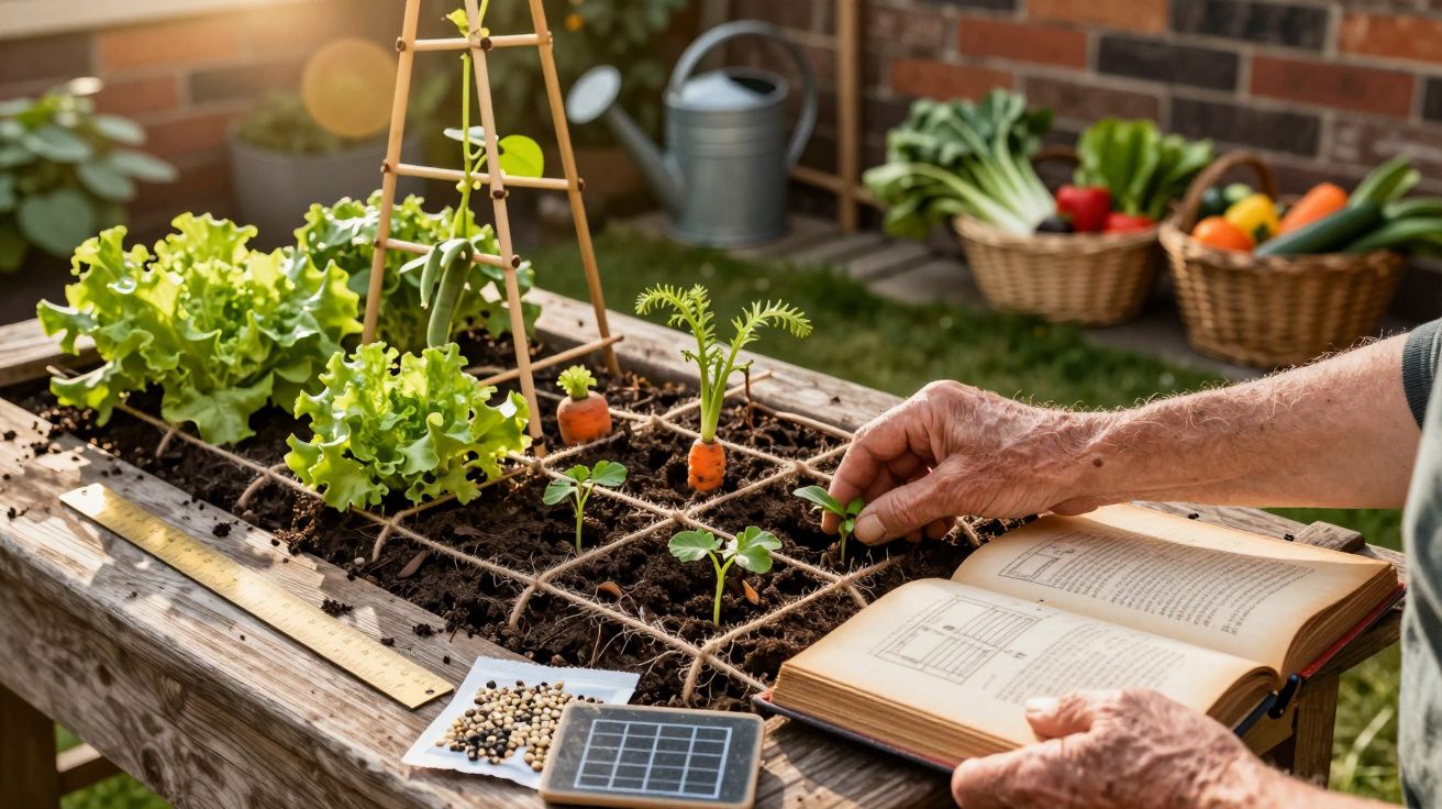 Pessoa consultando um livro de jardinagem enquanto planta legumes numa horta em mesa elevada ao ar livre.