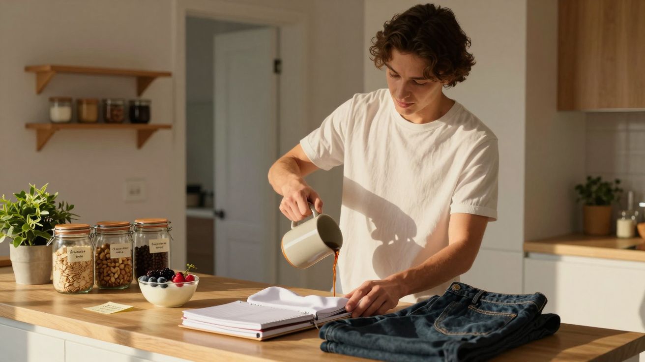 Homem de camiseta branca serve café na cozinha, cercado por frascos e frutas, com calças jeans dobradas ao lado.