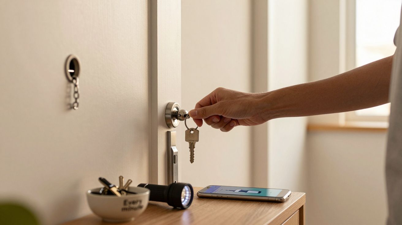 Mão de pessoa a inserir chave numa porta, mesa com smartphone, lanterna e tigela com chaves.