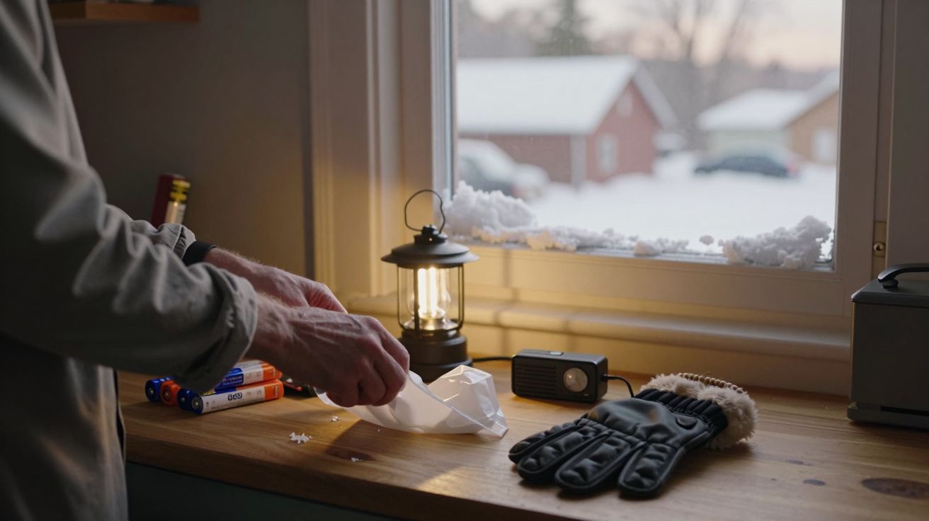 Mãos arrumam itens numa mesa de madeira junto a uma janela com neve. Há luvas, uma lanterna e pilhas.