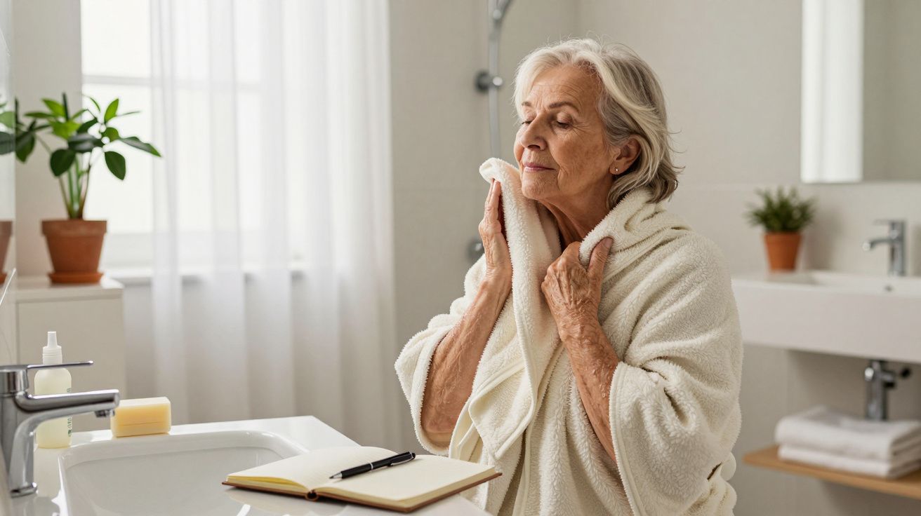 Mulher idosa em roupão de banho aprecia momento relaxante no banheiro, segurando a toalha no rosto.