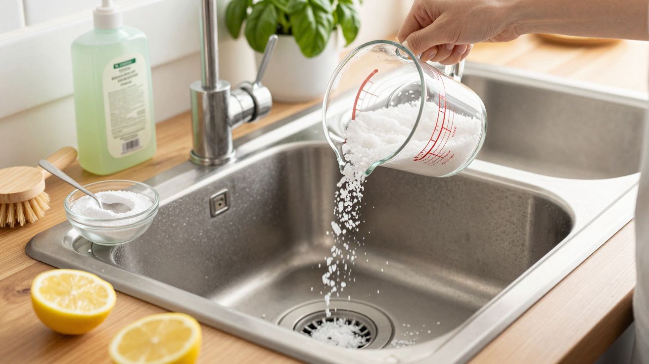 Mão a despejar sal na bancada da cozinha em inox, ao lado de limões cortados e planta.