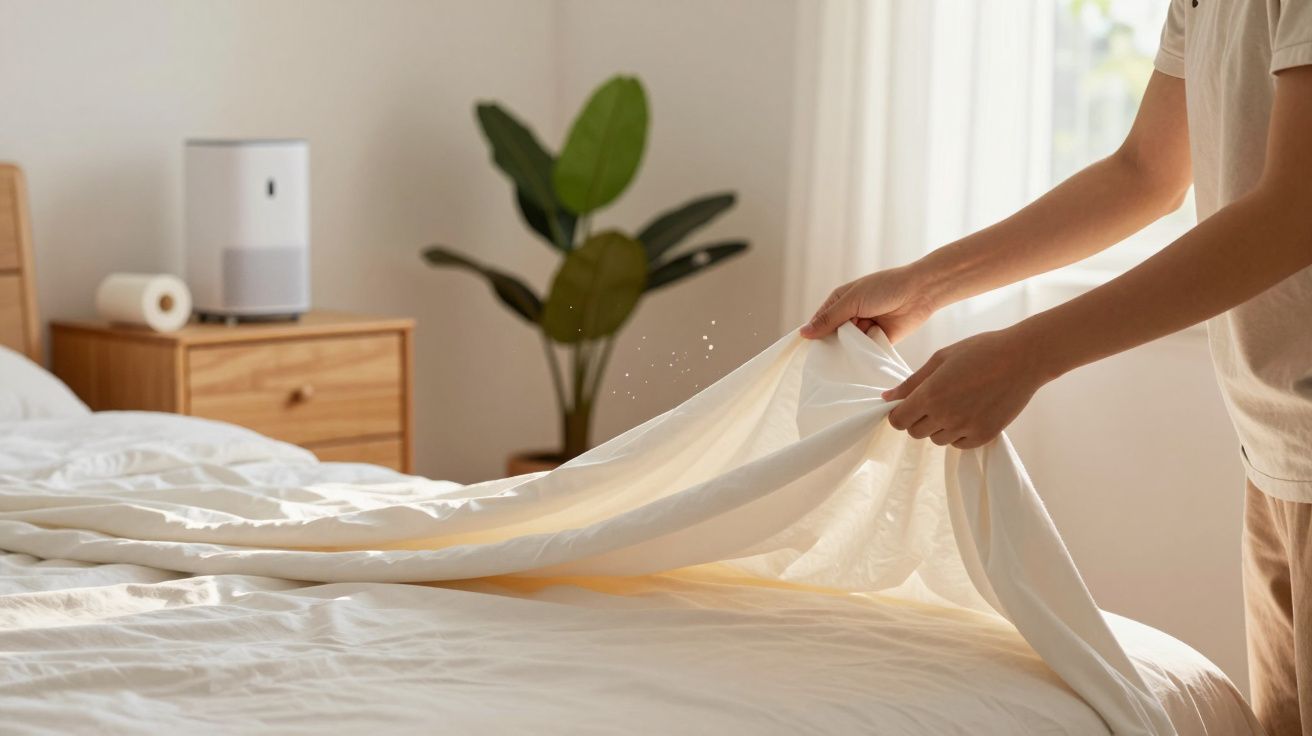 Pessoa a fazer a cama num quarto iluminado pelo sol, com plantas e uma cómoda ao fundo.