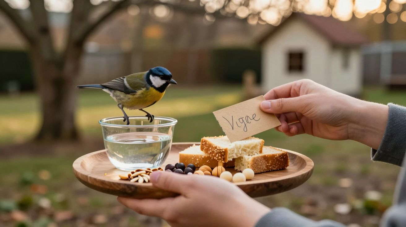 Pássaro pousado numa taça de água, junto a pedaços de pão e nozes num prato, segurado por mãos no jardim.