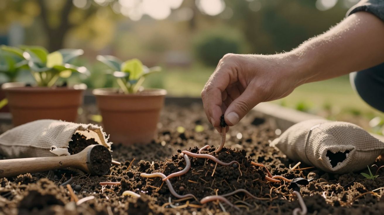 Mão cuidando de minhocas na terra, com vasos e plantas ao fundo em um jardim.