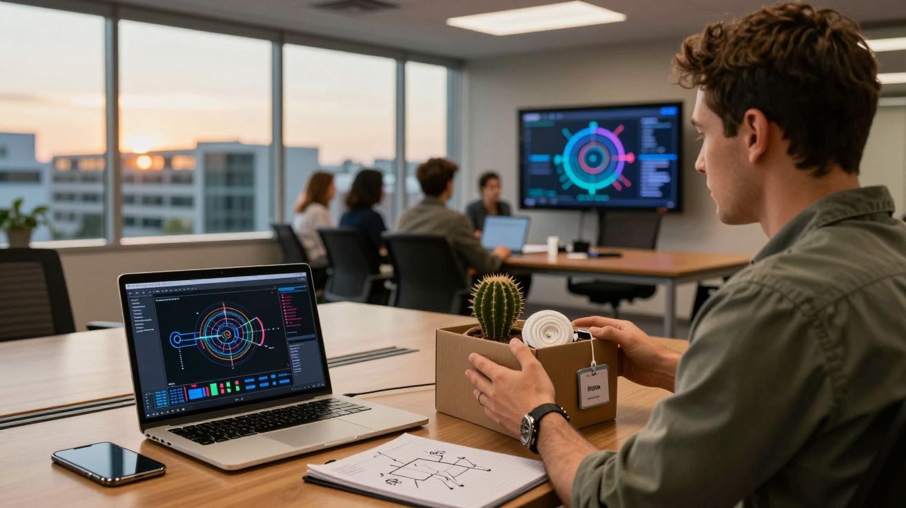 Homem numa sala de reuniões com portátil e gráficos no ecrã, segurando caixa com cacto e copo, ao pôr do sol.