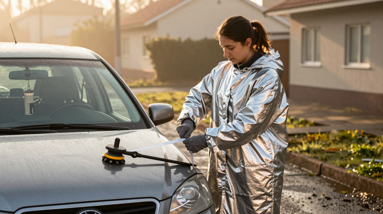 Mulher em fato prateado limpa carro com ferramenta extensível numa rua residencial ao amanhecer.