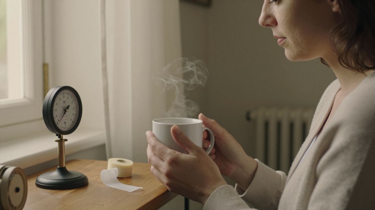 Mulher segurando uma chávena com vapor, sentado ao lado de um relógio de mesa numa janela.