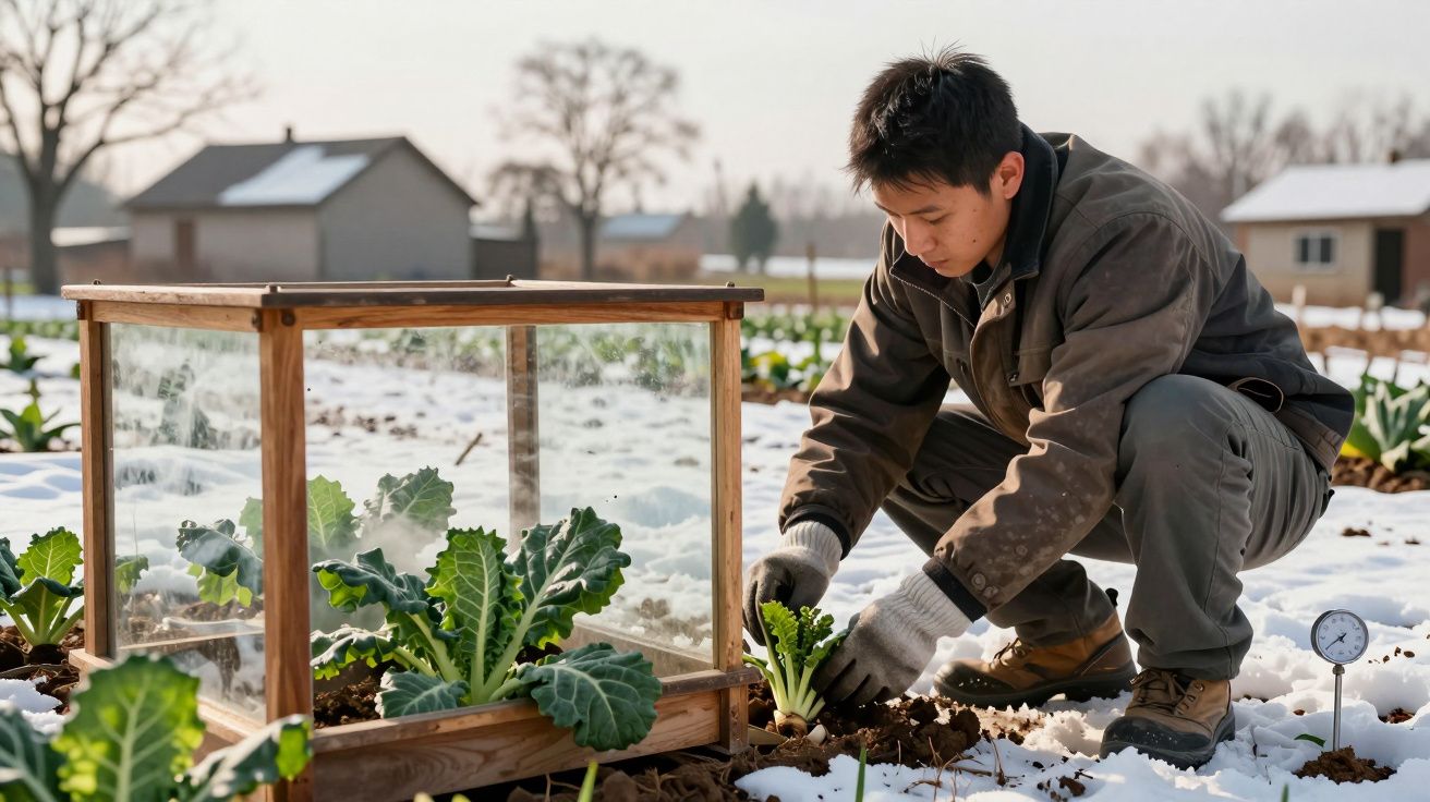 Pessoa cuida de plantações de brócolos na neve ao lado de uma estufa pequena.
