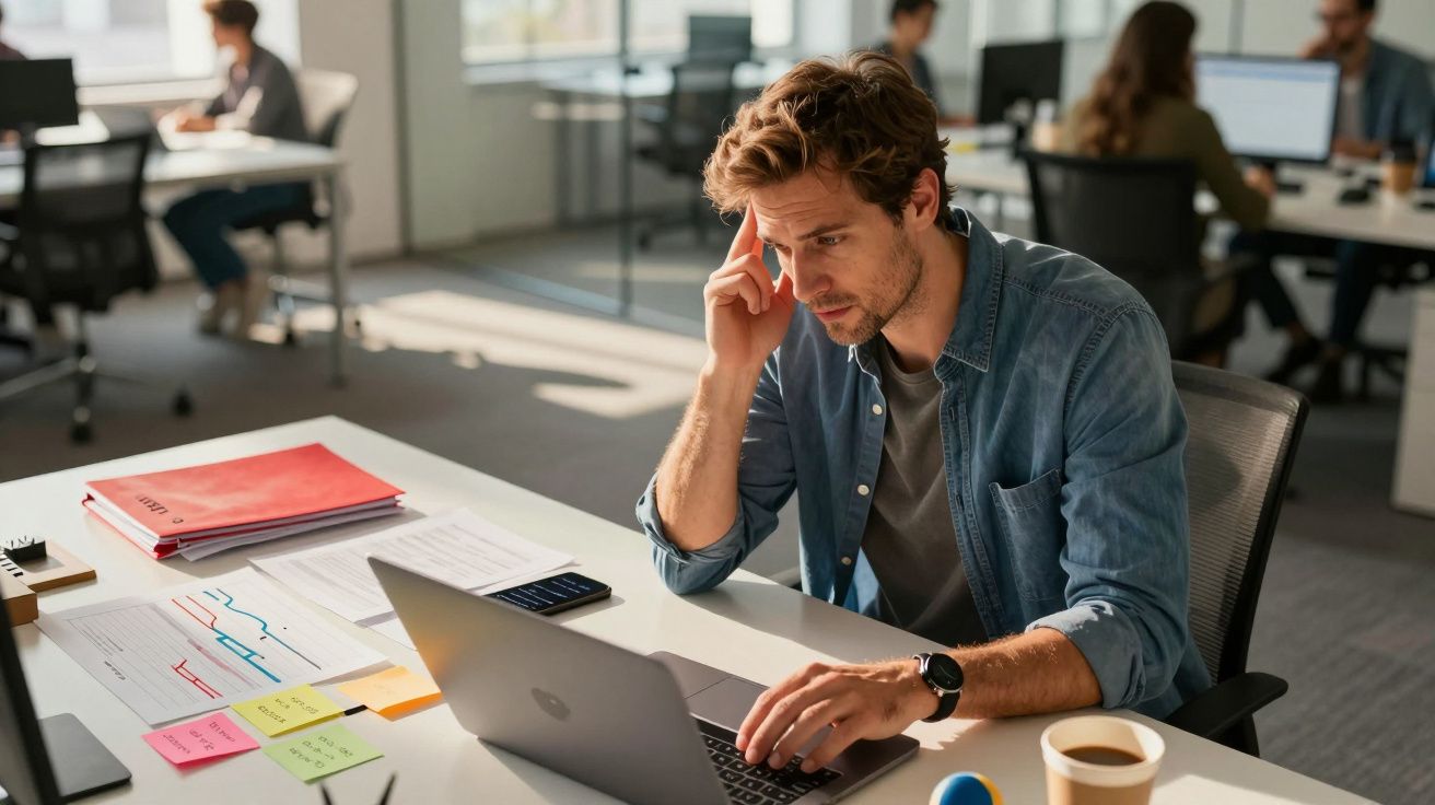 Homem concentrado em frente a um computador portátil num escritório, cercado por documentos e pessoas ao fundo.