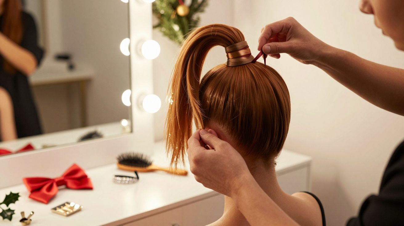 Cabeleireiro arranja um penteado alto em cabelos ruivos, com espelho e luzes no fundo.