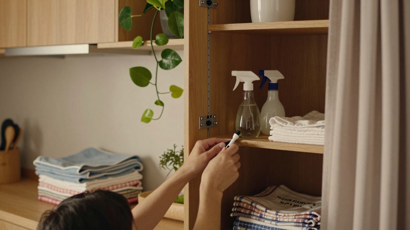 Pessoa organiza prateleira com frascos de spray e toalhas dobradas numa cozinha de madeira clara com planta decorativa.