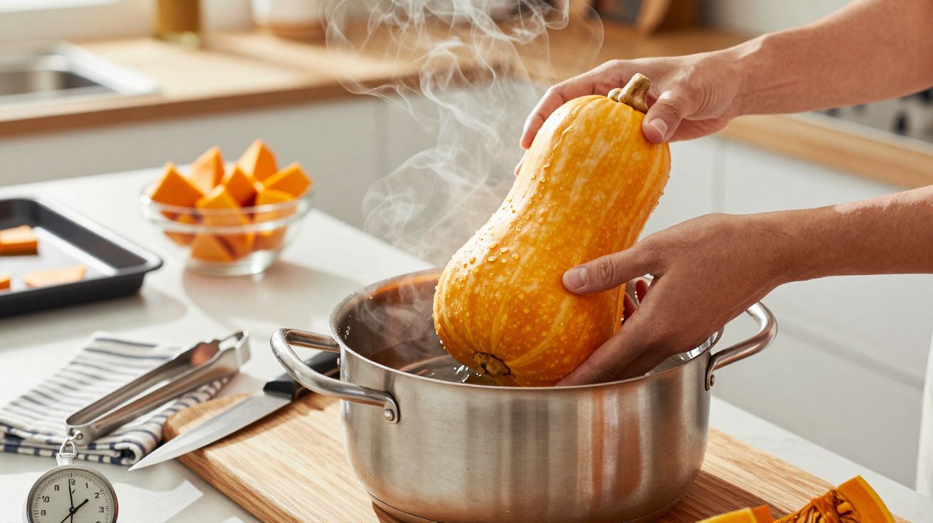 Pessoa a colocar uma abóbora numa panela a vapor numa cozinha, com pedaços de abóbora ao fundo.