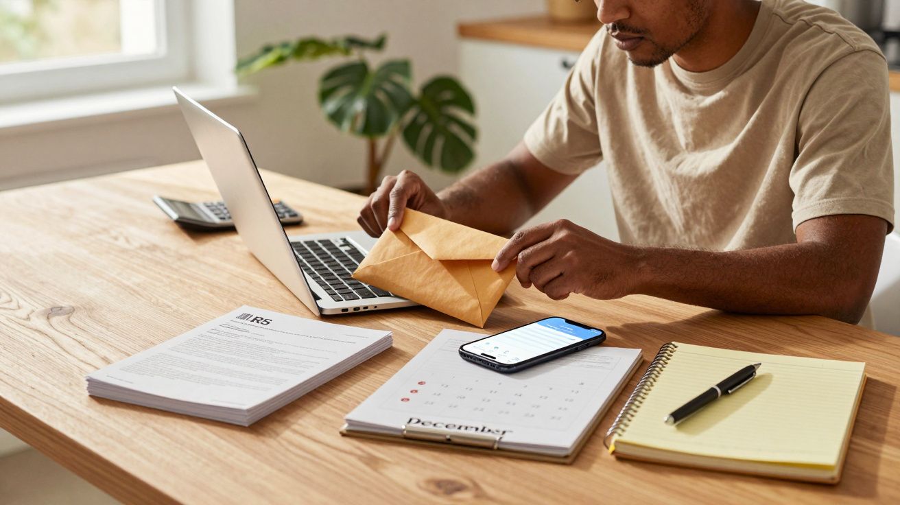 Homem sentado à mesa, abre envelope; portátil, telemóvel e documentos IRS ao lado.