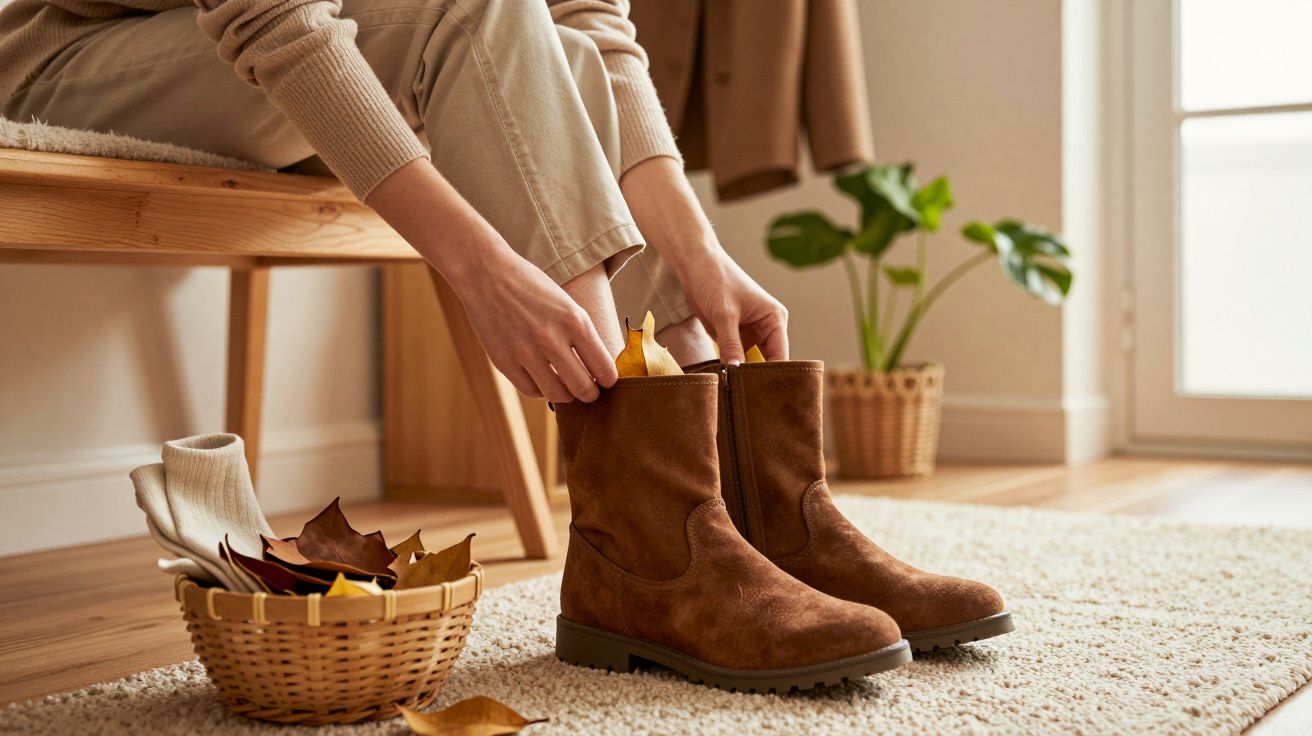 Pessoa sentada coloca botas castanhas com folhas outonais, ao lado de cesto com mais folhas num ambiente acolhedor.