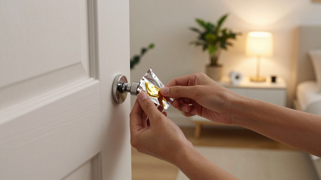 Mãos seguram embalagem de preservativo diante de porta entreaberta em quarto iluminado.