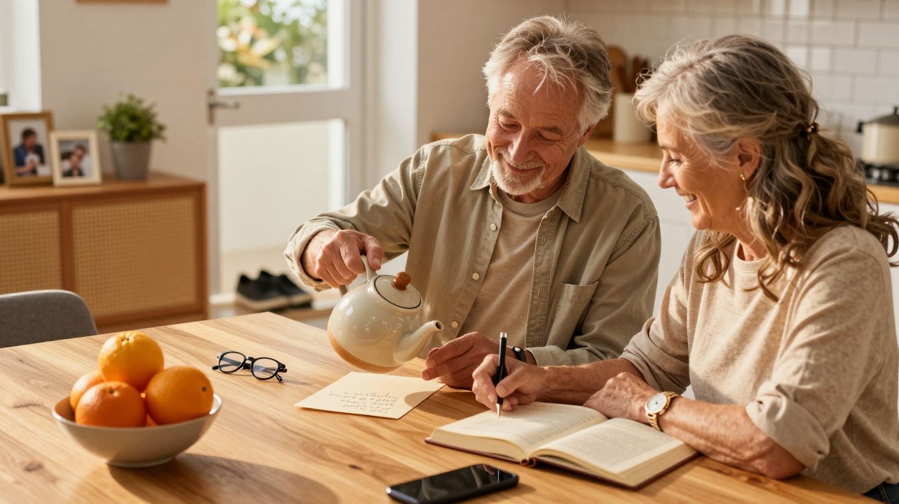 Casal idoso a tomar chá enquanto escreve num caderno à mesa, numa cozinha iluminada pelo sol.