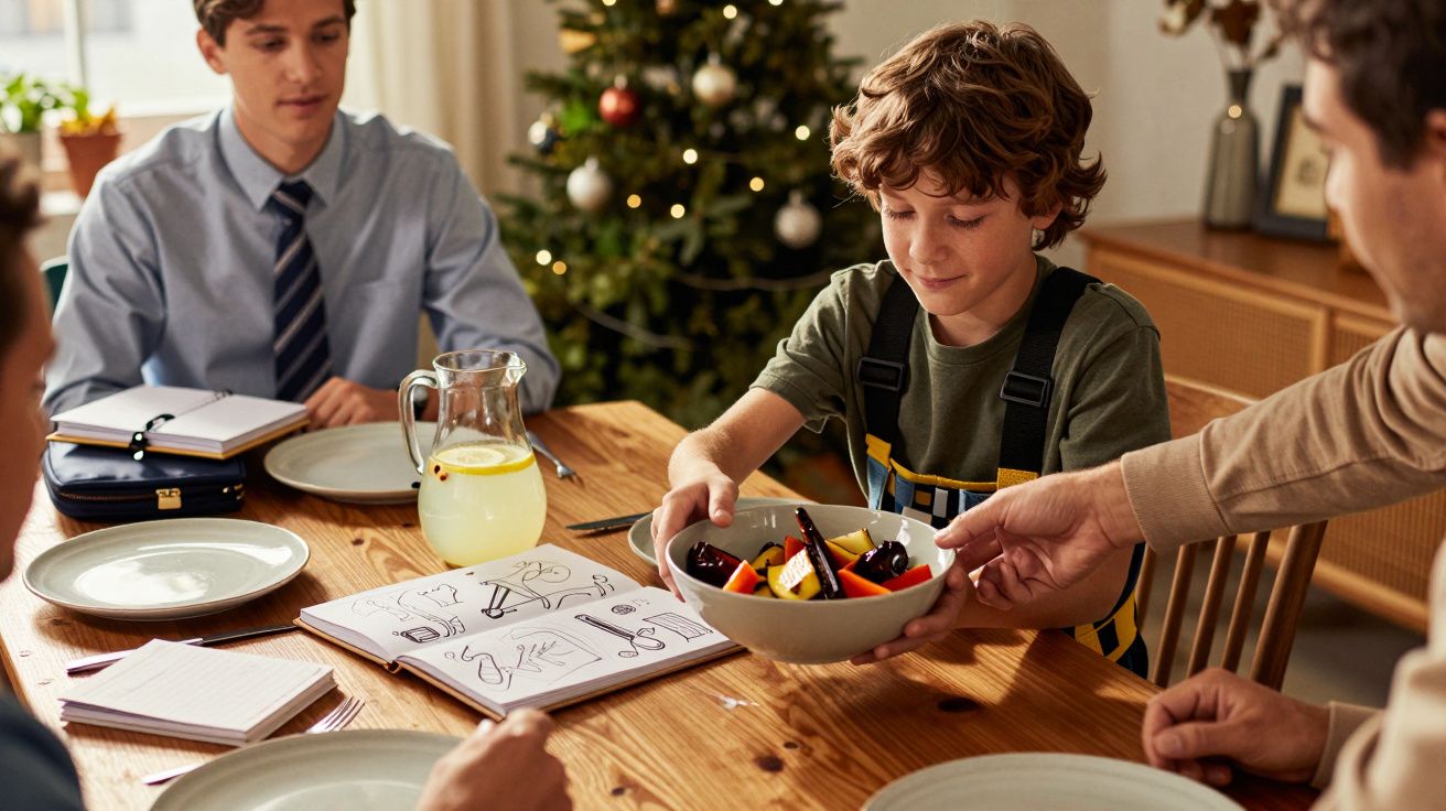 Família sentada à mesa, rapaz passa uma taça de frutas, ao fundo uma árvore de Natal decorada.