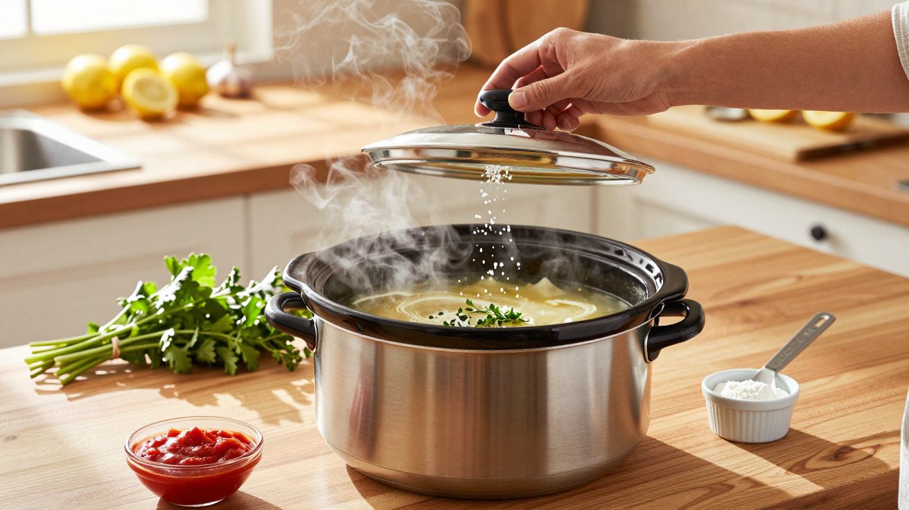 Pessoa tempera sopa numa panela de aço inoxidável com vapor, numa cozinha com ingredientes ao redor.