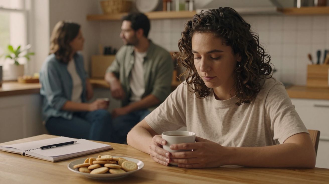 Mulher triste com chá à mesa; duas pessoas conversam ao fundo em cozinha iluminada.