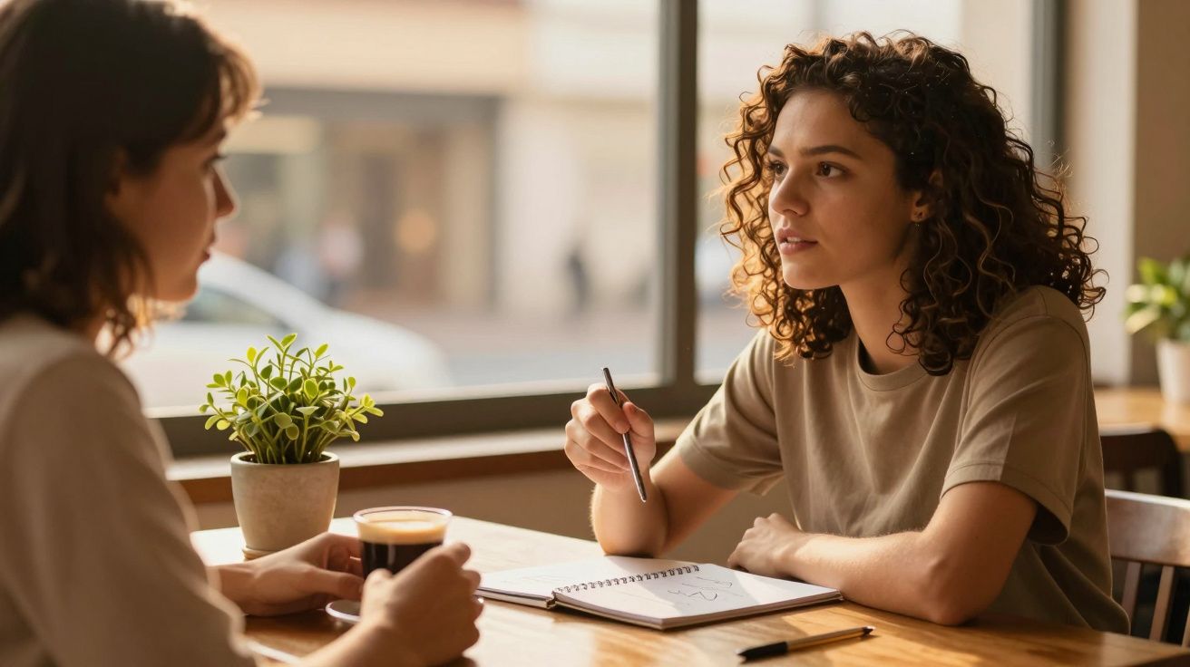 Duas mulheres conversam num café, com plantas ao fundo e uma delas segura uma caneta enquanto escreve num caderno.