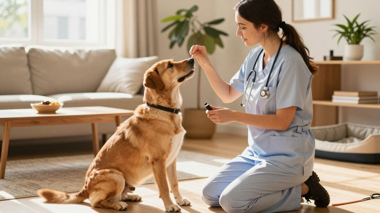Veterinária em uniforme azul dá tratamento a um cão na sala de estar, usando um conta-gotas, enquanto o cão observa.
