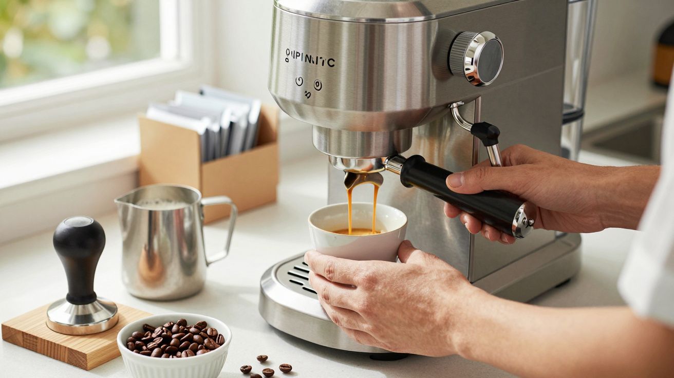 Máquina de café expresso em uso com café a ser extraído para uma chávena, num balcão de cozinha com grãos de café.