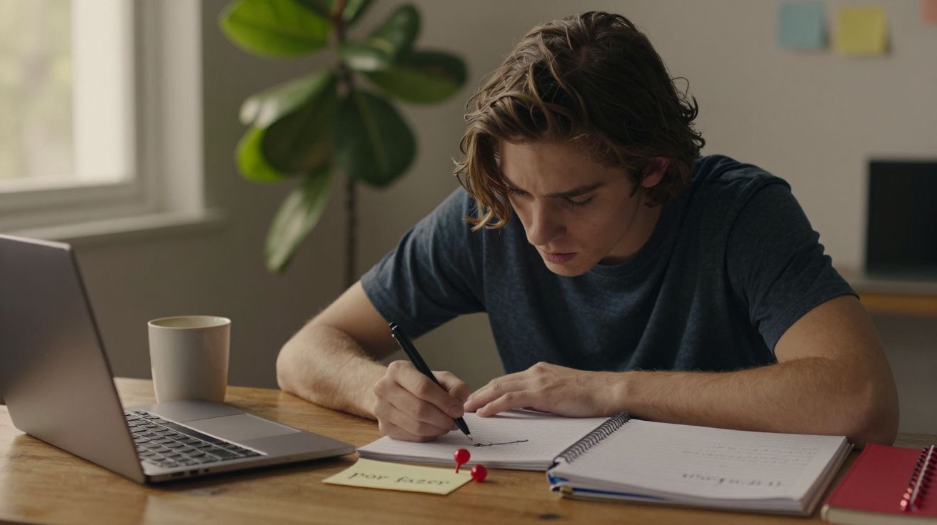 Jovem estuda à mesa com caderno e portátil. Planta e chávena ao fundo.
