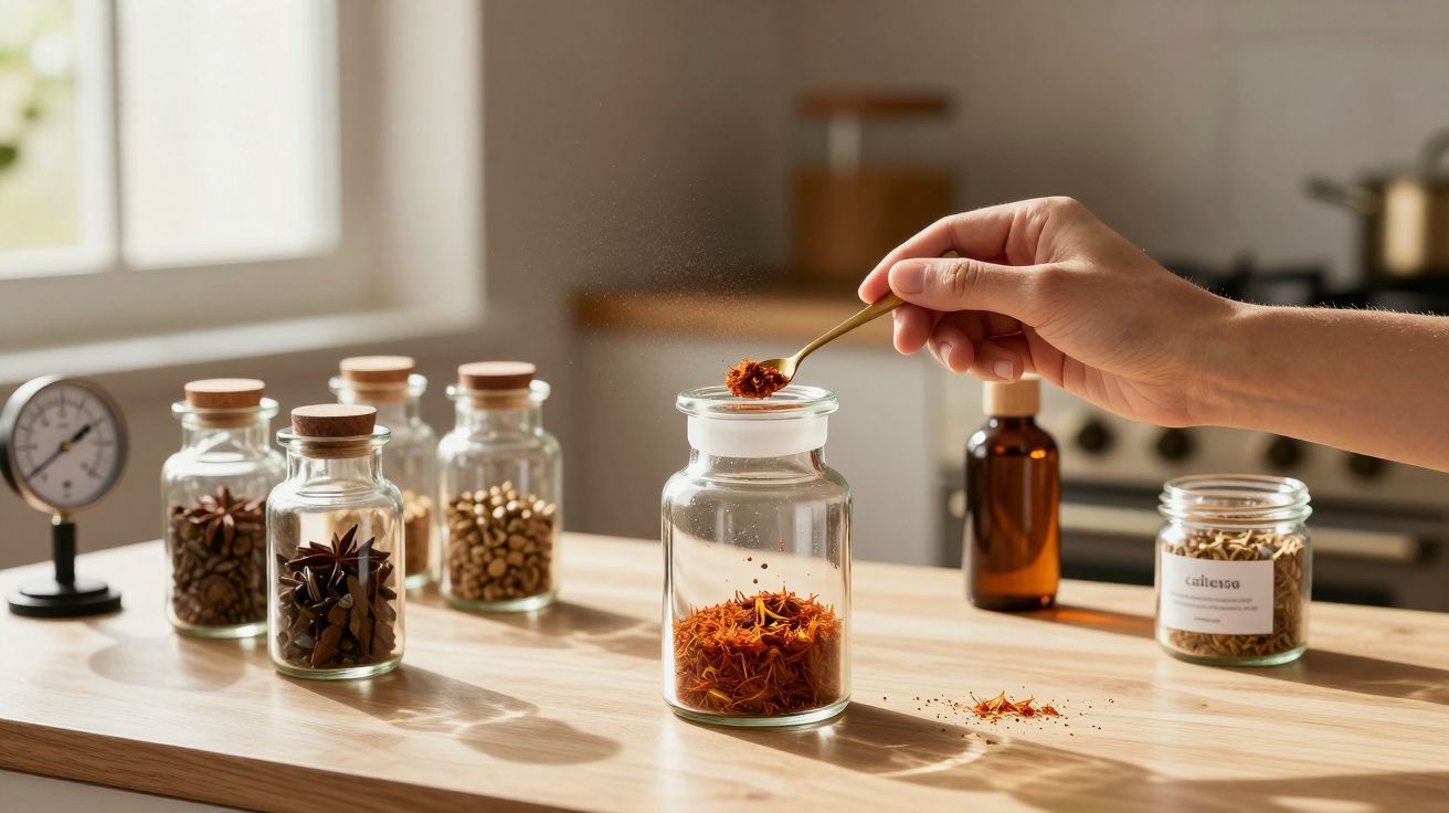 Mão adiciona especiarias numa jarra de vidro numa cozinha iluminada. Vários frascos de especiarias visíveis ao fundo.