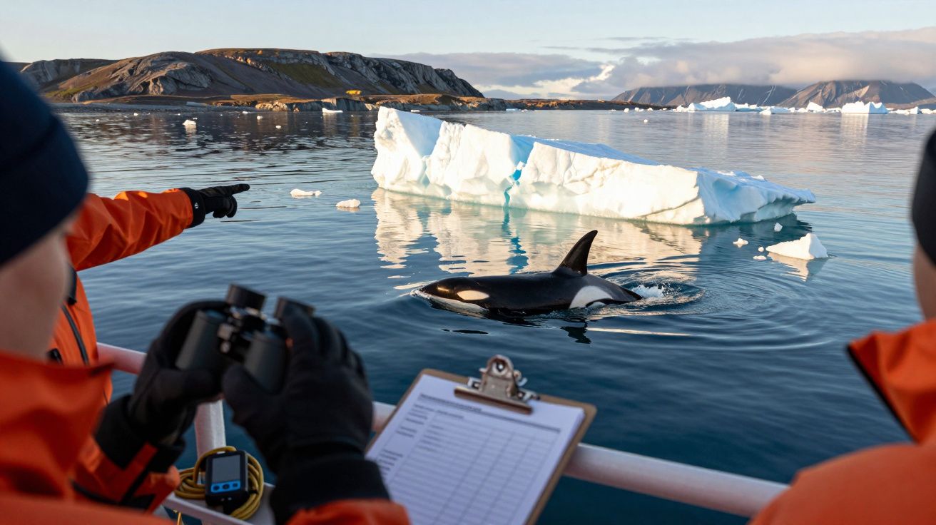 Cientistas observam uma orca nadando perto de um iceberg no Ártico, com montanhas ao fundo e céu parcialmente nublado.