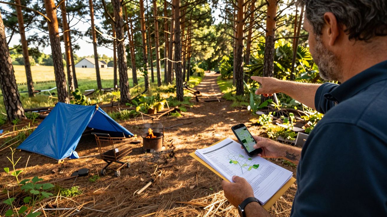 Homem aponta para floresta com fogueira e tenda azul. Segura mapa e telemóvel numa clareira rodeada por árvores altas.