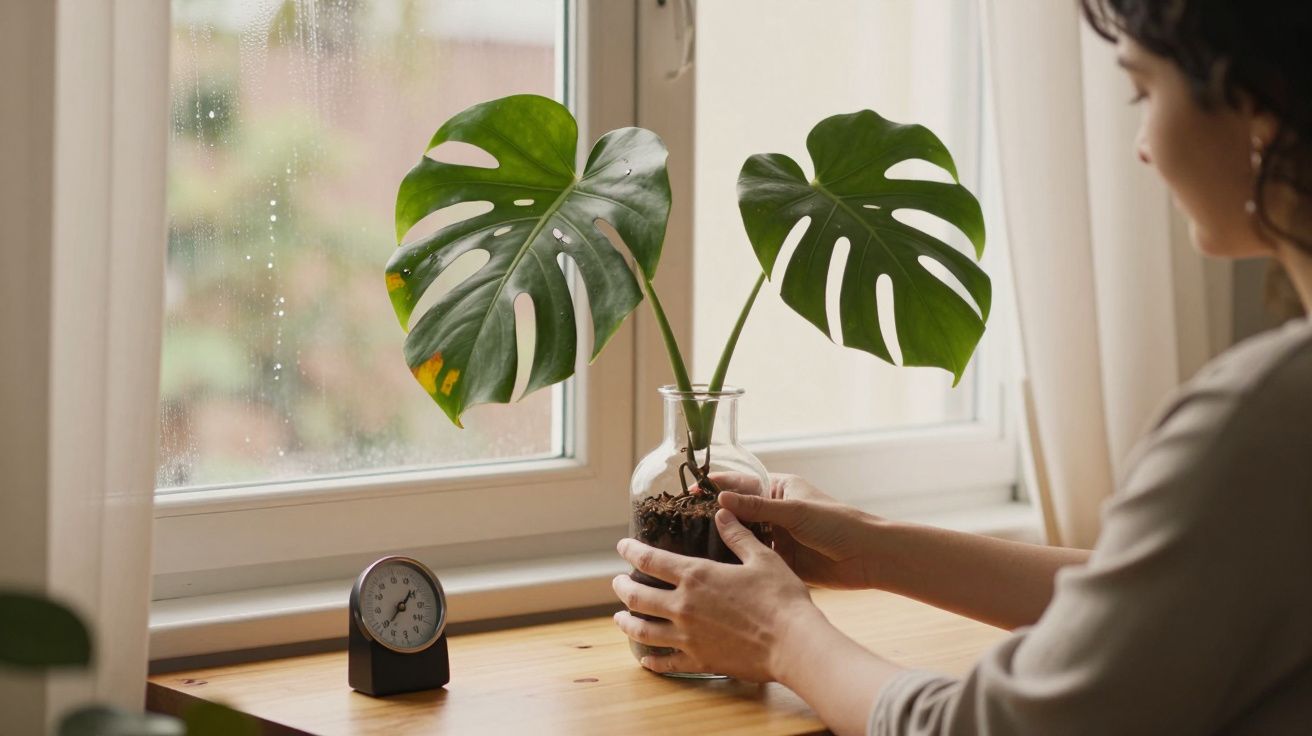 Mulher ajusta vaso com Monstera junto a janela, relógio analógico ao lado.