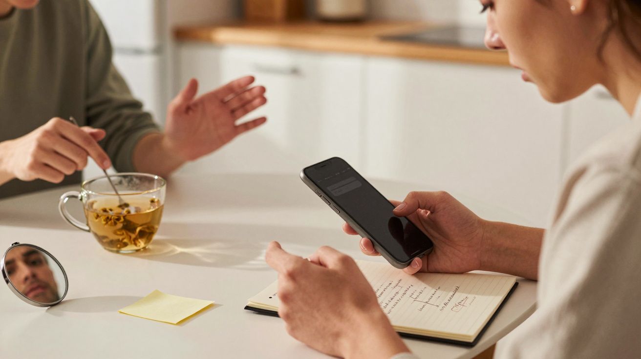 Mulher escreve em caderno enquanto olha para o telemóvel à mesa, com chá e notas presentes.