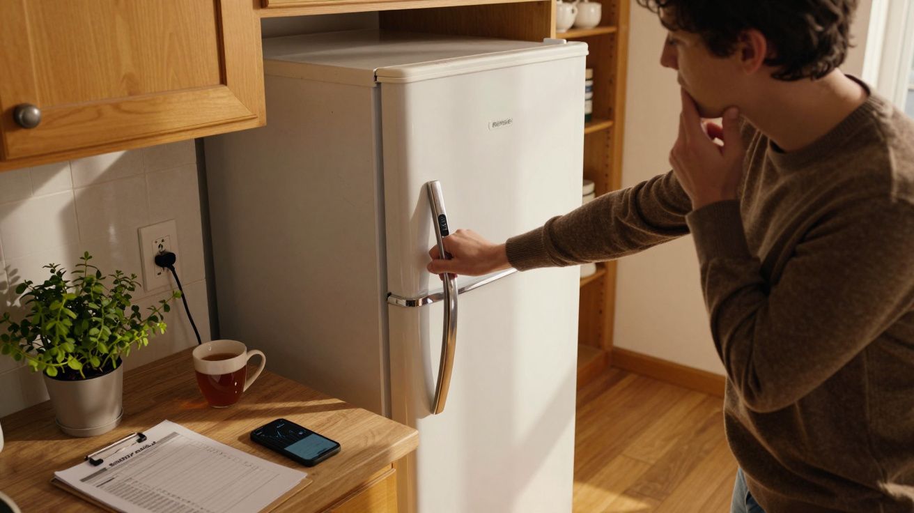 Homem pensativo abre frigorífico em cozinha, com chávena, planta e telemóvel sobre balcão de madeira.