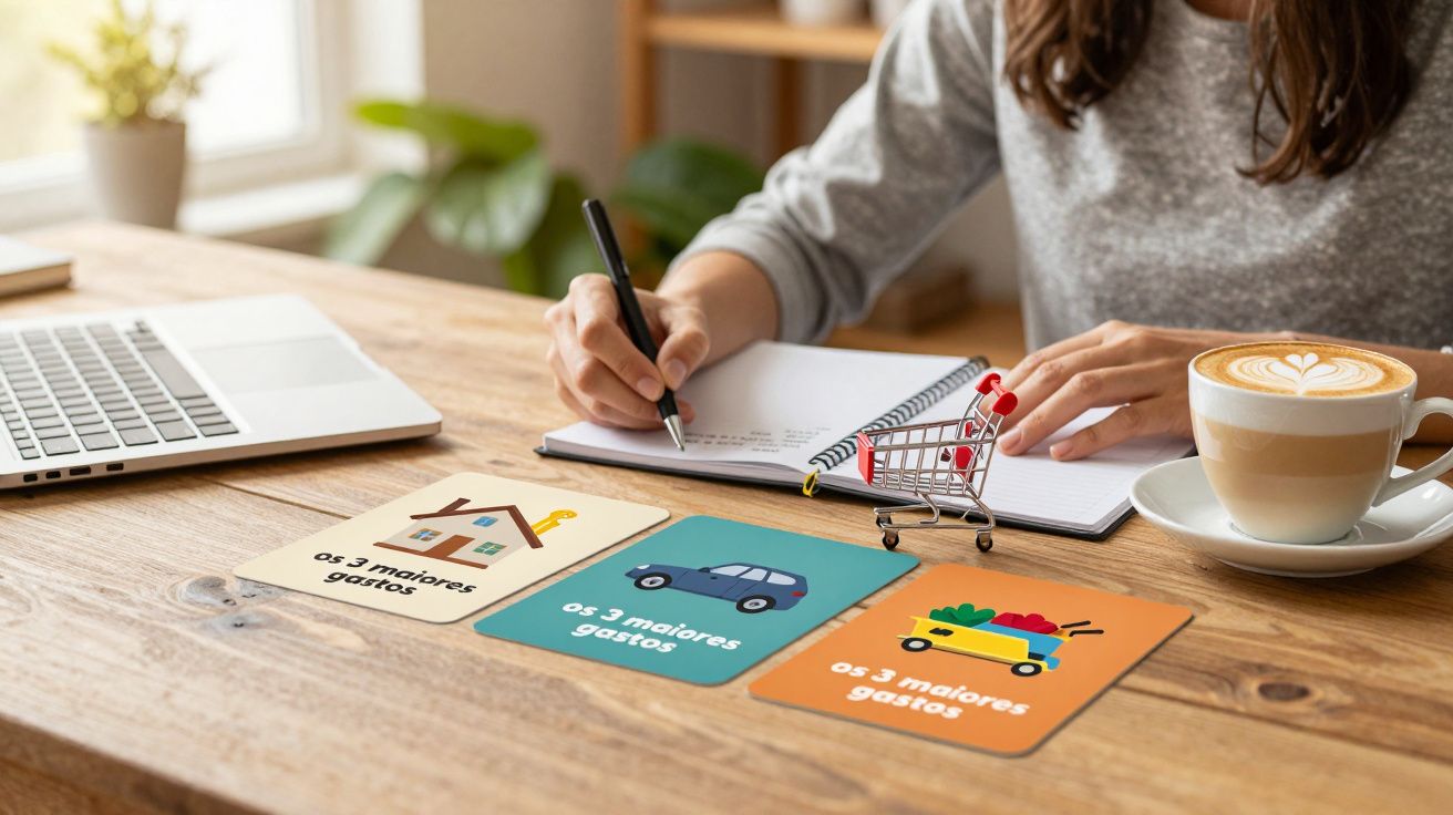 Pessoa escreve num bloco de notas, com portátil e café na mesa, ao lado de cartões sobre os 3 maiores gastos.