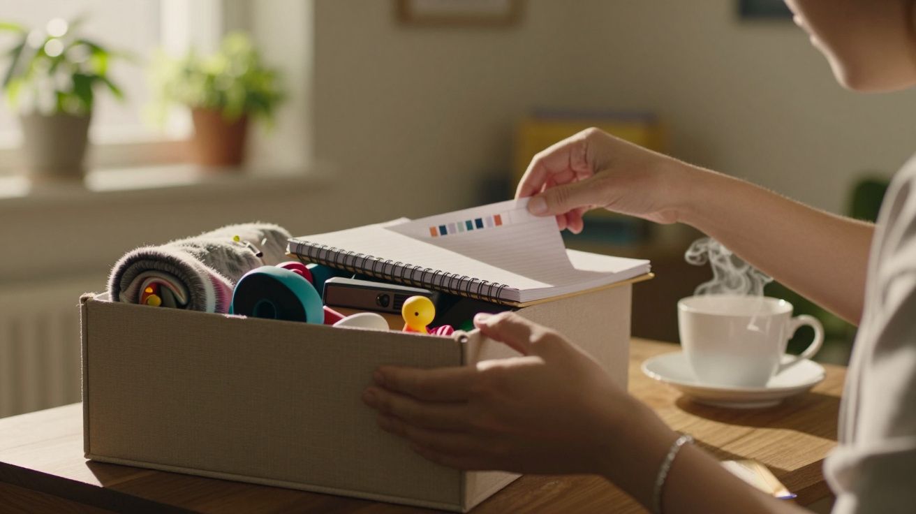 Pessoa arruma caixa com caderno e objetos variados. Ao fundo, chávena de café e planta perto de janela iluminada.