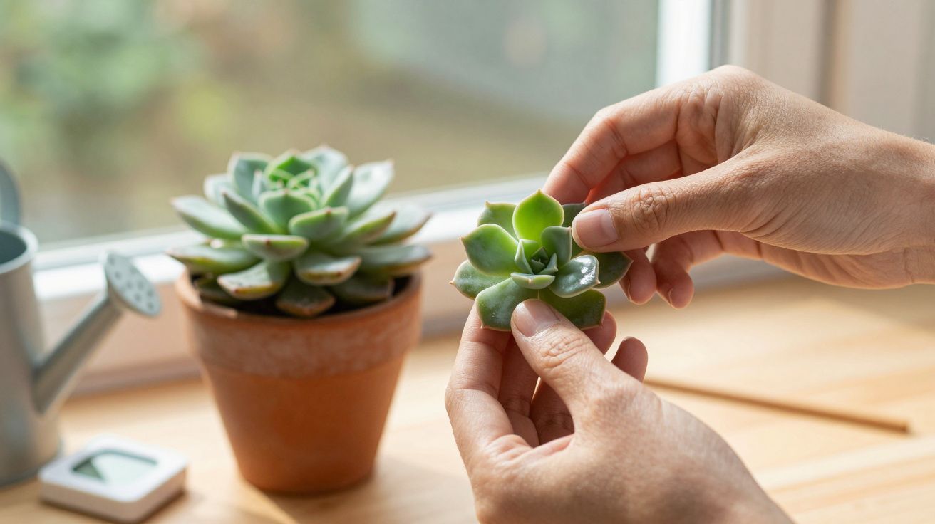 Duas mãos segurando uma pequena suculenta perto de um vaso com planta semelhante, sobre uma mesa junto a uma janela.