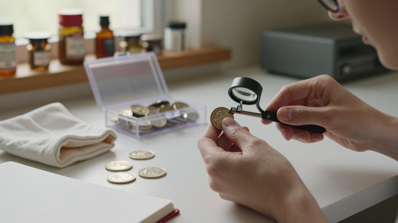 Pessoa a inspecionar moeda com lupa em mesa. Moedas adicionais, pano branco e caixa de moedas ao redor.