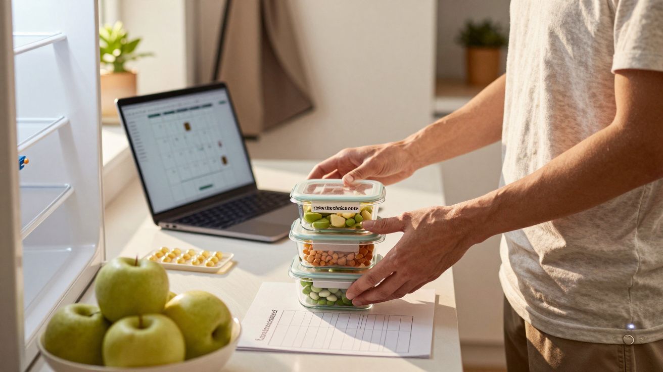 Homem a preparar comida em caixas ao lado de um portátil e lista; maçãs verdes na mesa.
